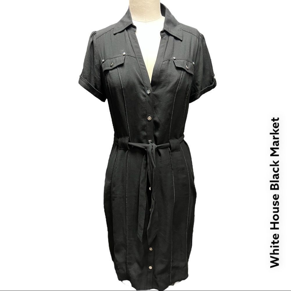 🍂 WHITE HOUSE BLACK MARKET black shirt dress with tie waist + size 4